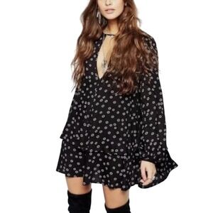 New Free People Floral Mini Dress Womens Small NWOT $128 Black Peasant Bohemian